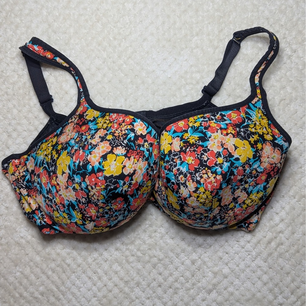 Cacique 40DDD Floral Underwire Bra Black Multicolor Lightly‎ Lined